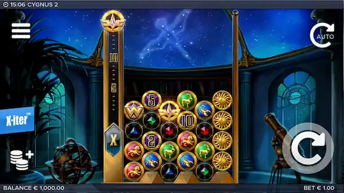 Cygnus 2 slot game interface na may mga bituin at konstelasyon sa background