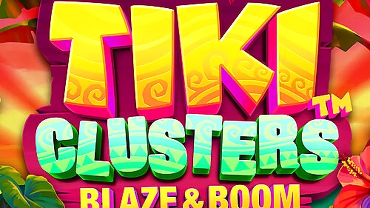 Isang makulay na display ng Tiki Clusters Blaze & Boom slot machine na may mga tiki mask at tropikal na tema.