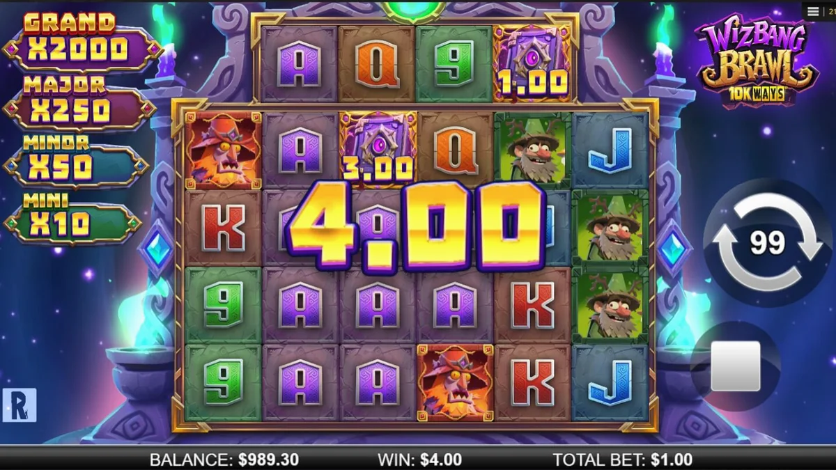 Wizbang Brawl 10K Ways slot game interface na may mga wizard at magic theme.